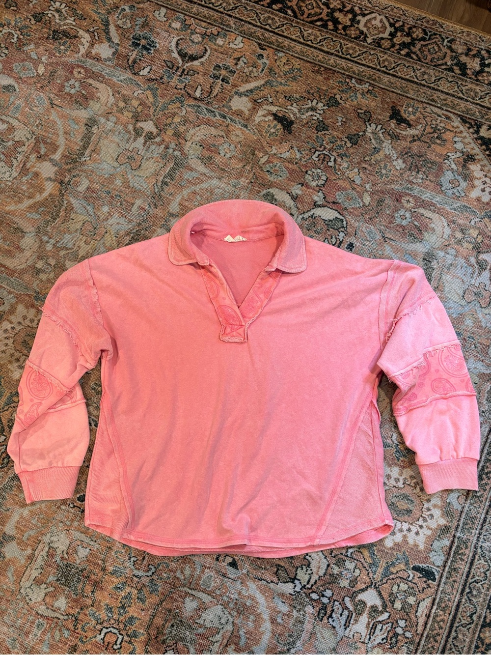 Women's Long Sleeve Polo Top in Pink with paisley detail- Relaxed Fit Large